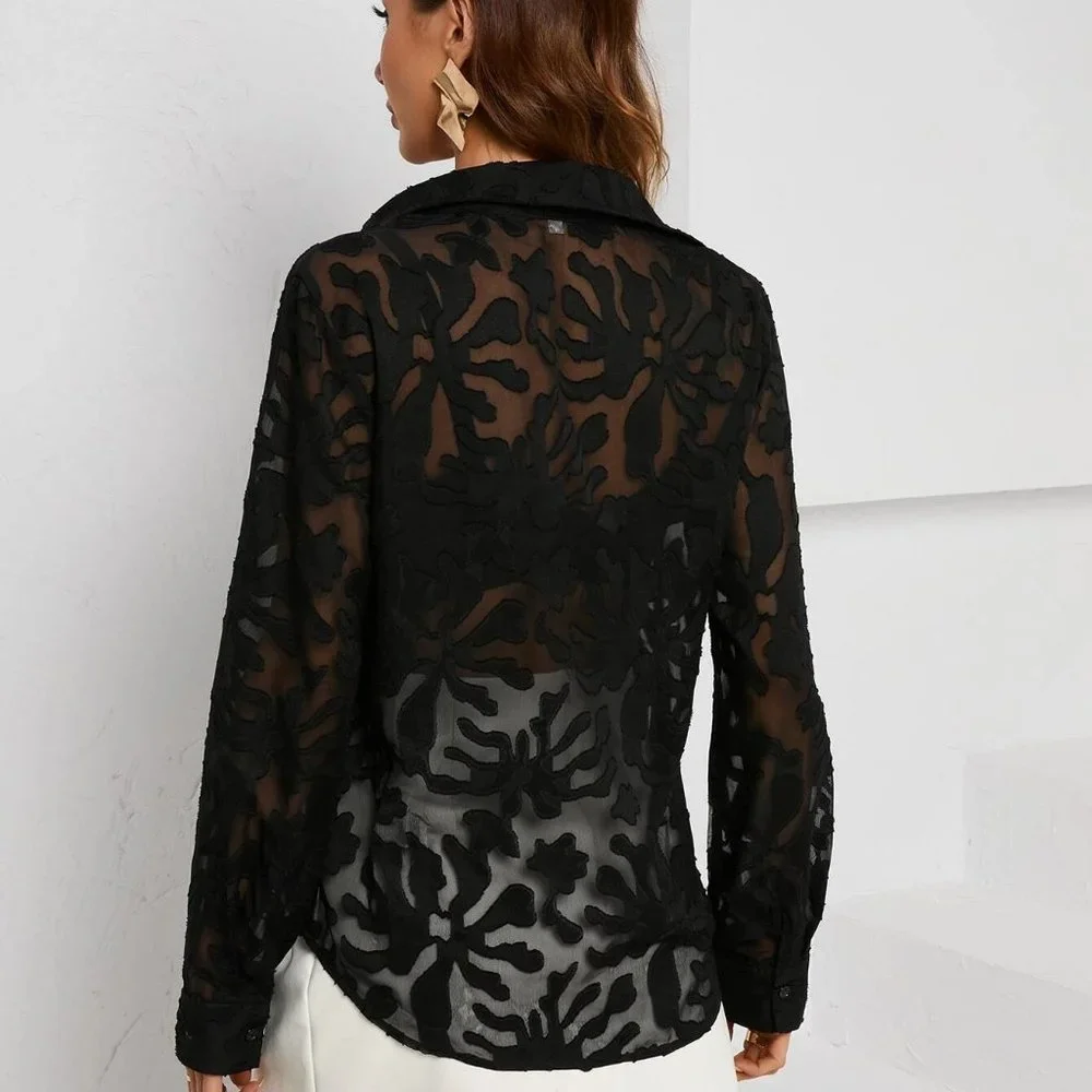 Black Preppy Womens Button Up Sheer Shirt - Picture 2 of 5